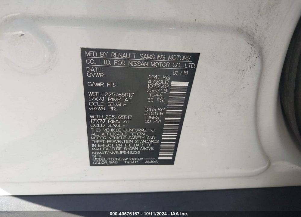 2018 NISSAN ROGUE SV VIN: KNMAT2MV5JP548226