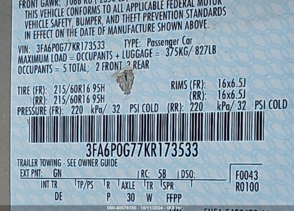 2019 FORD FUSION S VIN: 3FA6P0G77KR173533