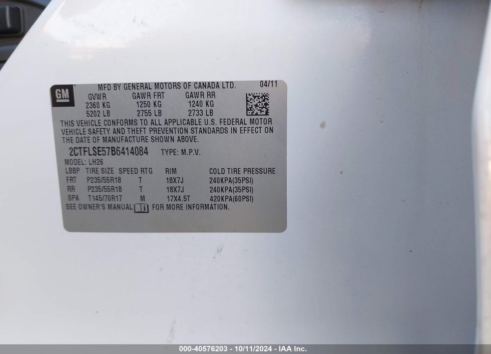 2011 GMC TERRAIN SLE-2 VIN: 2CTFLSE57B6414084