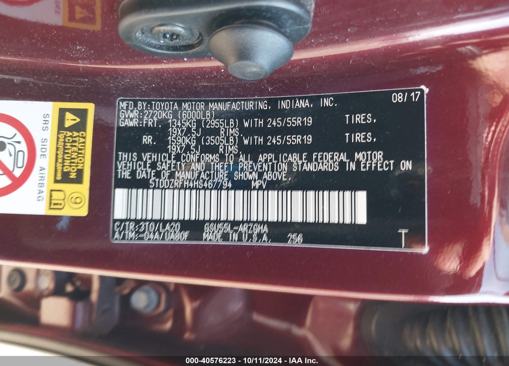 2017 TOYOTA HIGHLANDER LIMITED/PLATINUM VIN: 5TDDZRFH4HS467794