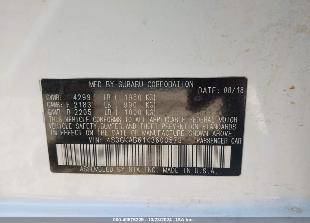 2019 SUBARU IMPREZA 2.0I VIN: 4S3GKAB61K3603573