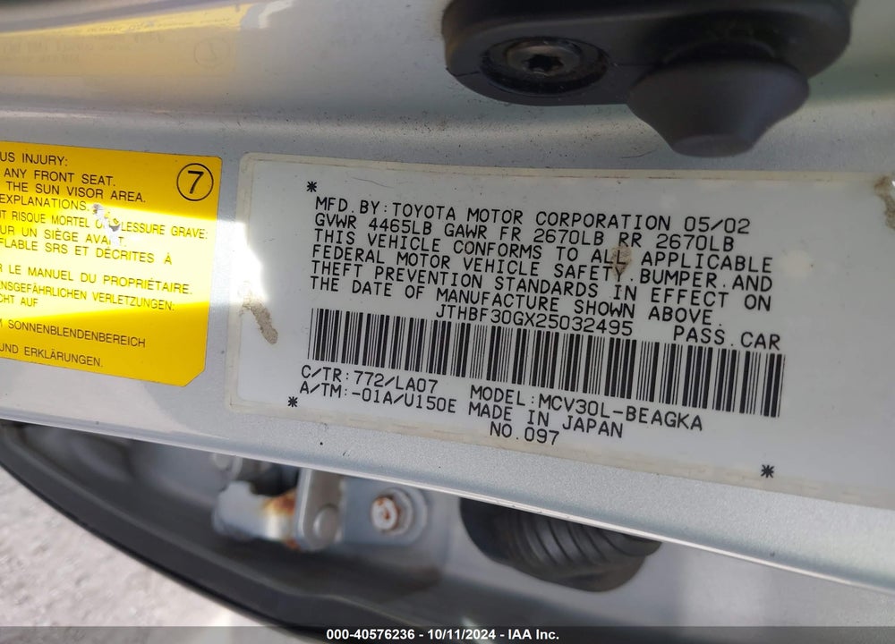 2002 LEXUS ES 300 VIN: JTHBF30GX25032495