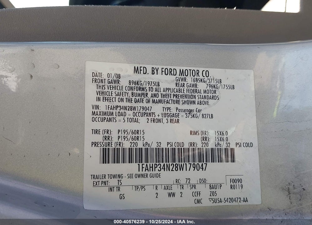 2008 FORD FOCUS S VIN: 1FAHP34N28W179047