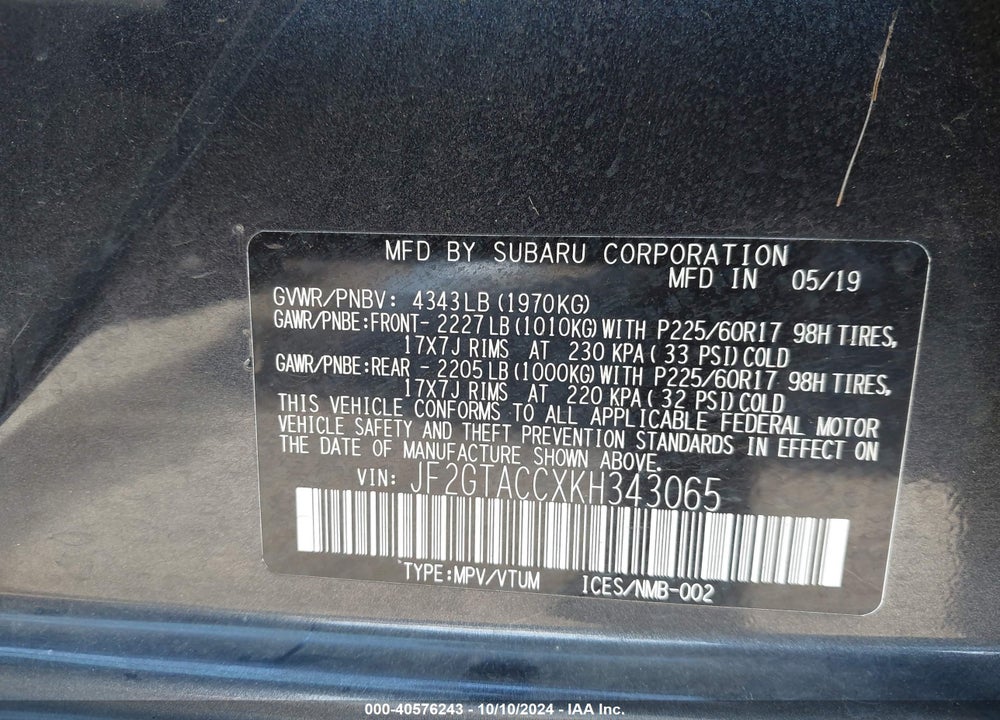 2019 SUBARU CROSSTREK 2.0I PREMIUM VIN: JF2GTACCXKH343065