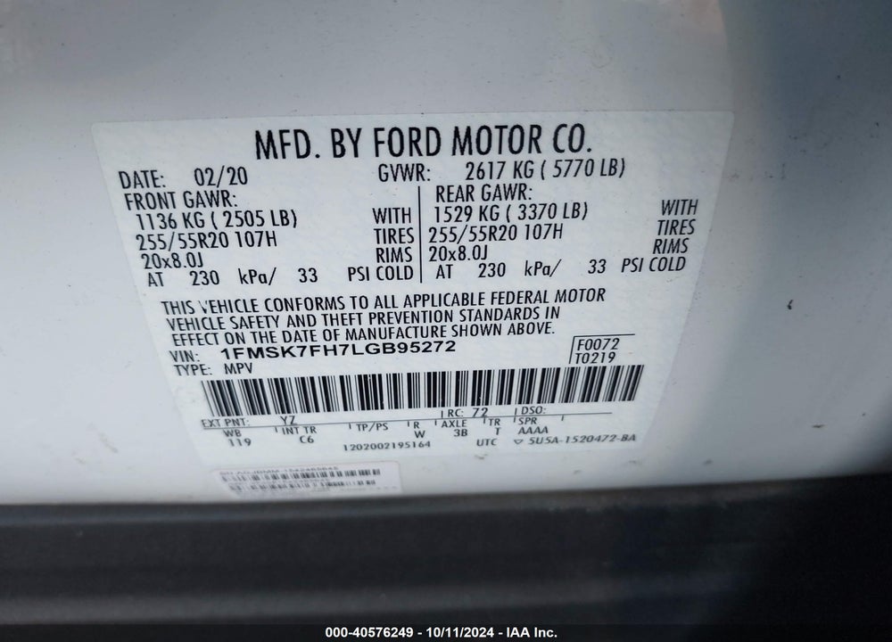 2020 FORD EXPLORER LIMITED VIN: 1FMSK7FH7LGB95272