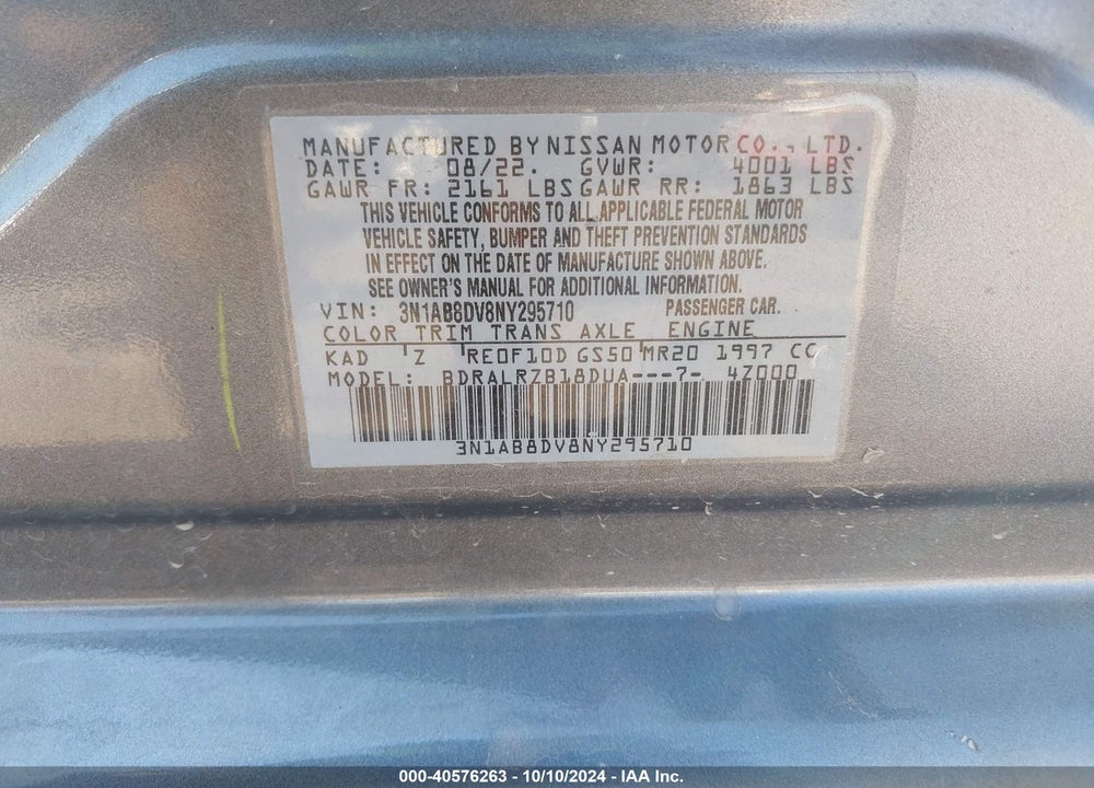 2022 NISSAN SENTRA SR XTRONIC CVT VIN: 3N1AB8DV8NY295710