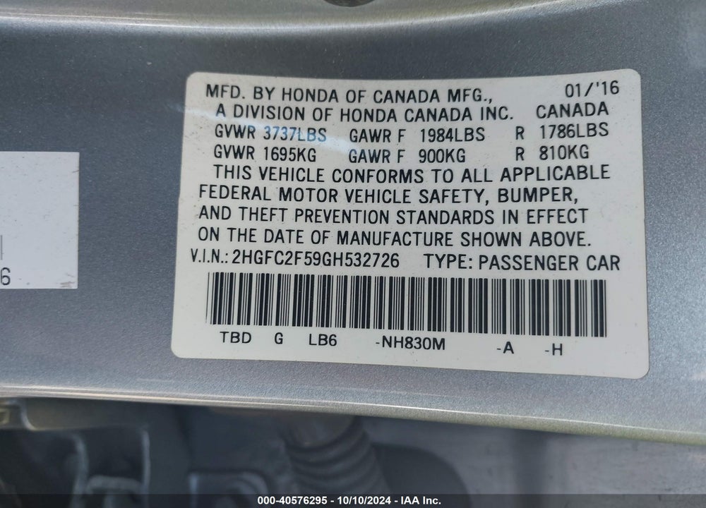 2016 HONDA CIVIC LX VIN: 2HGFC2F59GH532726