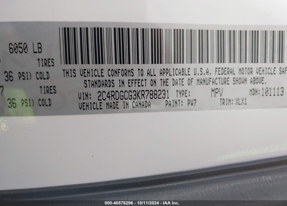 2019 DODGE GRAND CARAVAN SXT VIN: 2C4RDGCG3KR788231