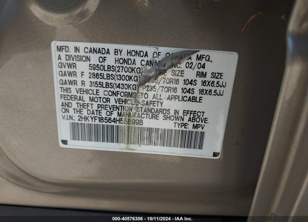 2004 HONDA PILOT EX-L VIN: 2HKYF18564H558998