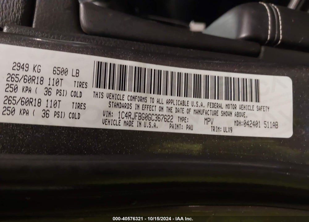 2016 JEEP GRAND CHEROKEE LIMITED VIN: 1C4RJFBG0GC367622