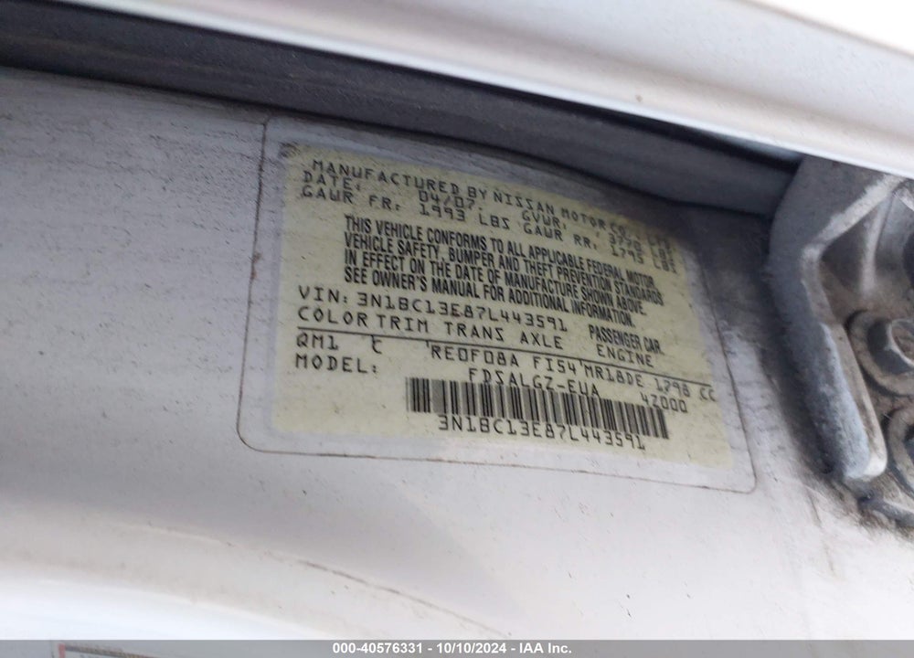 2007 NISSAN VERSA 1.8SL VIN: 3N1BC13E87L443591