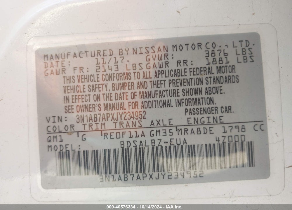 2018 NISSAN SENTRA S VIN: 3N1AB7APXJY234952