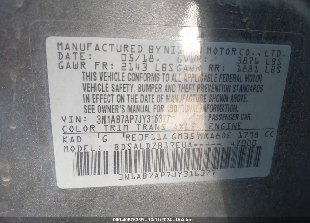 2018 NISSAN SENTRA SV VIN: 3N1AB7AP7JY316377