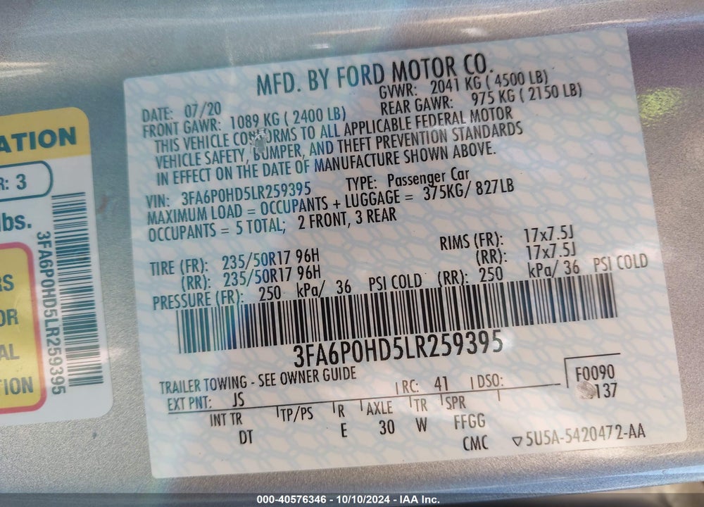 2020 FORD FUSION SE VIN: 3FA6P0HD5LR259395