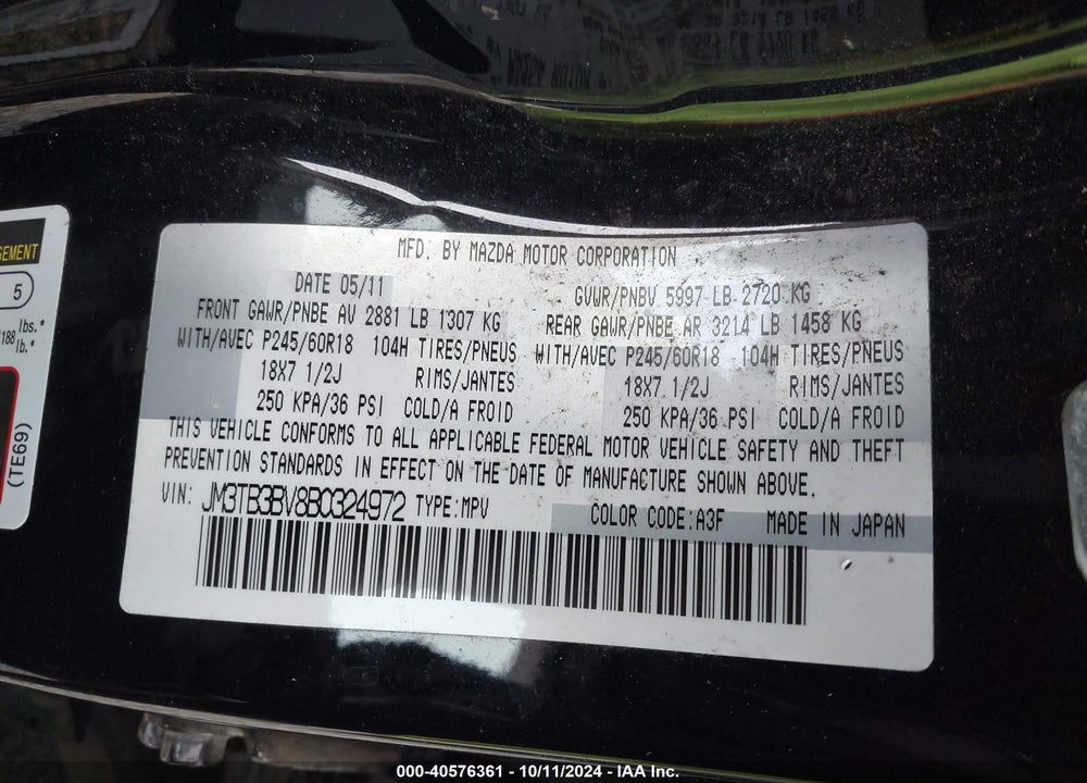 2011 MAZDA CX-9 SPORT VIN: JM3TB3BV8B0324972