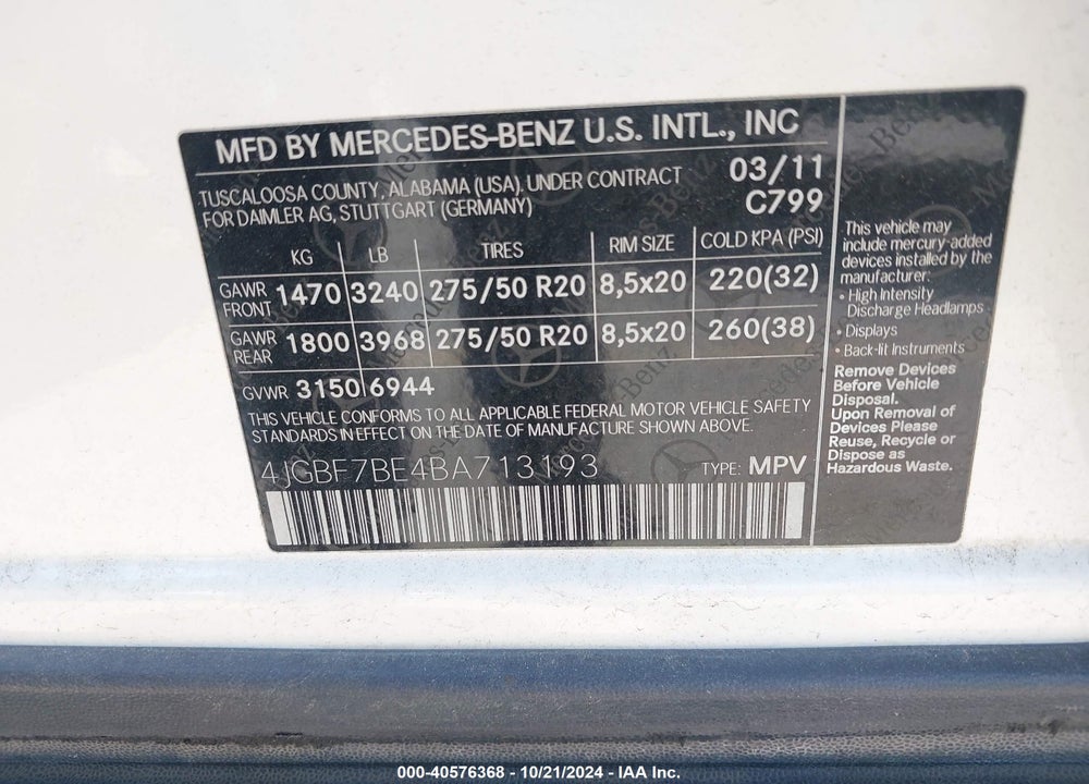 2011 MERCEDES-BENZ GL 450 4MATIC VIN: 4JGBF7BE4BA713193