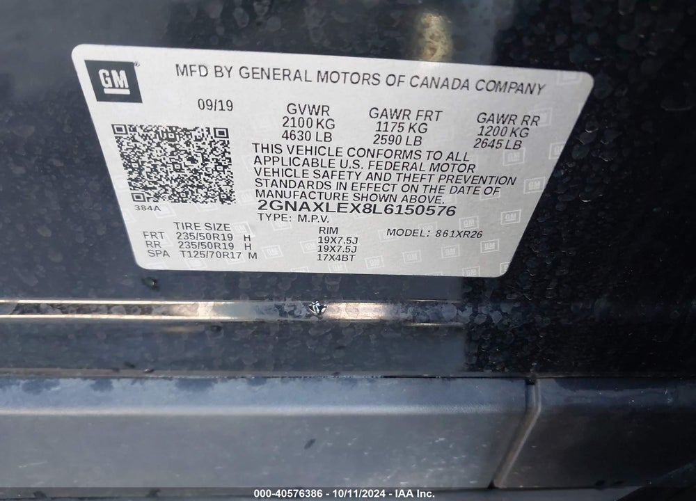 2020 CHEVROLET EQUINOX FWD LT 2.0L TURBO VIN: 2GNAXLEX8L6150576