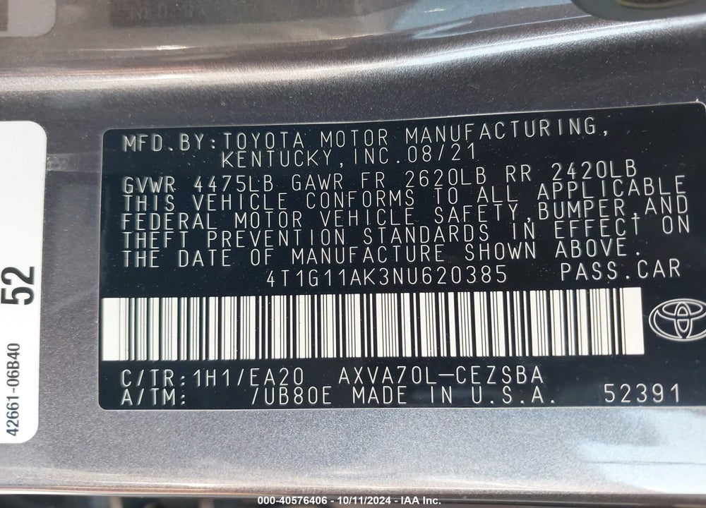 2022 TOYOTA CAMRY SE VIN: 4T1G11AK3NU620385