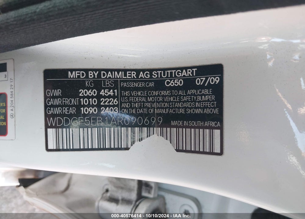 2010 MERCEDES-BENZ C 300 LUXURY/SPORT VIN: WDDGF5EB1AR090699