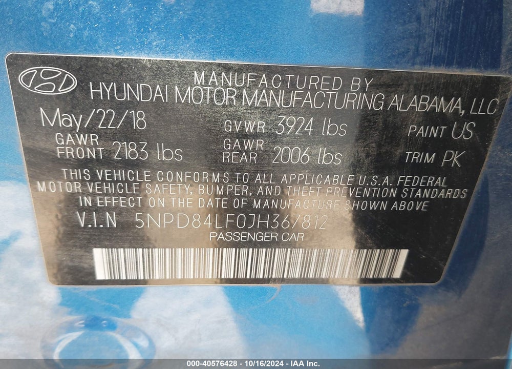2018 HYUNDAI ELANTRA SEL VIN: 5NPD84LF0JH367812