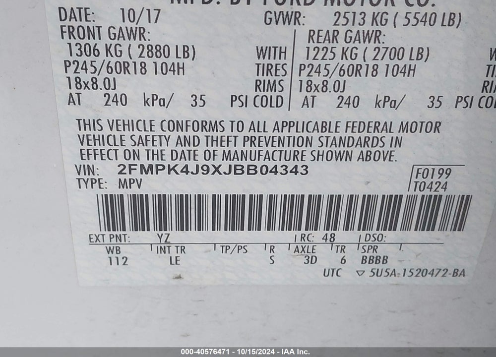 2018 FORD EDGE SEL VIN: 2FMPK4J9XJBB04343