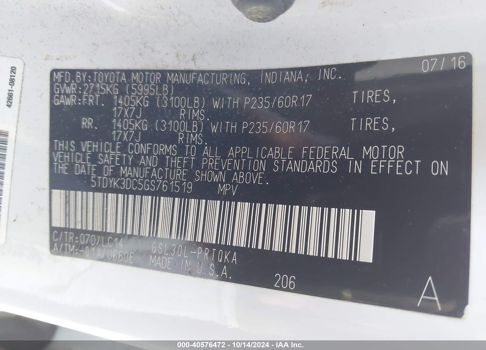 2016 TOYOTA SIENNA XLE 8 PASSENGER VIN: 5TDYK3DC5GS761519