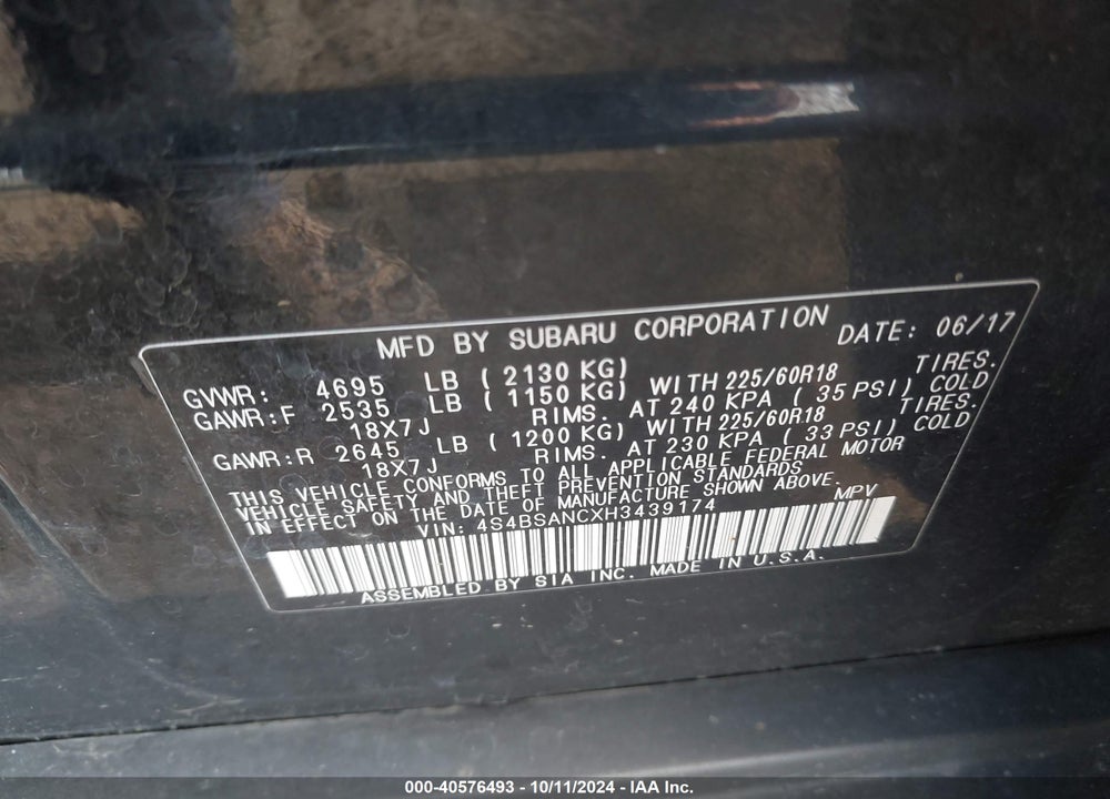 2017 SUBARU OUTBACK 2.5I LIMITED VIN: 4S4BSANCXH3439174