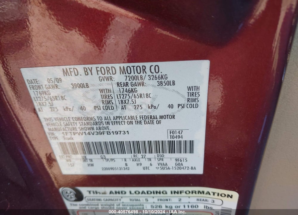 2009 FORD F-150 FX4/KING RANCH/LARIAT/PLATINUM/XL/XLT VIN: 1FTPW14V39FB19731