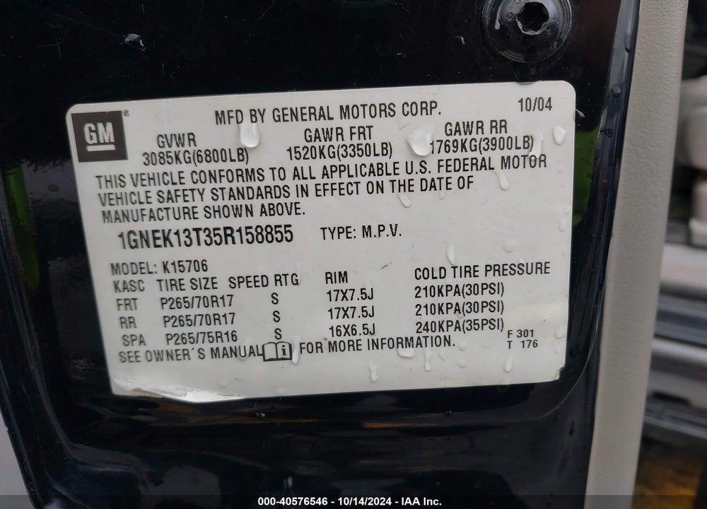 2005 CHEVROLET TAHOE Z71 VIN: 1GNEK13T35R158855