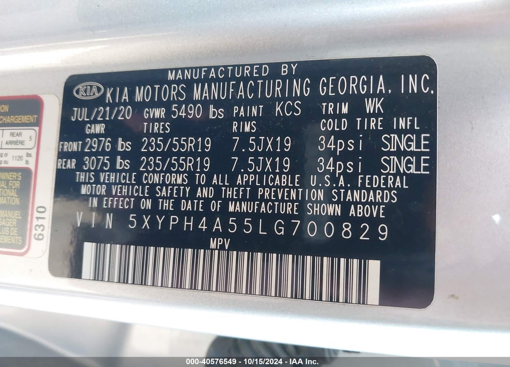 2020 KIA SORENTO 3.3L EX VIN: 5XYPH4A55LG700829