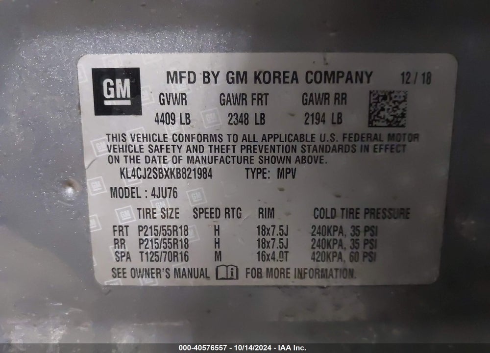 2019 BUICK ENCORE AWD SPORT TOURING VIN: KL4CJ2SBXKB821984