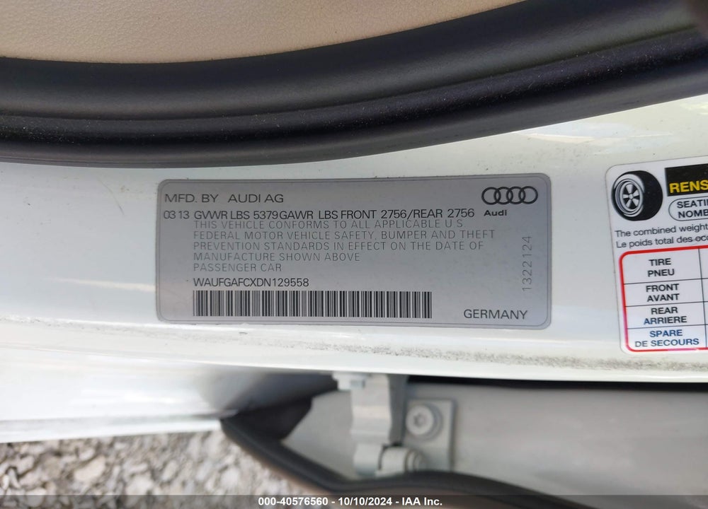 2013 AUDI A6 3.0T PREMIUM VIN: WAUFGAFCXDN129558