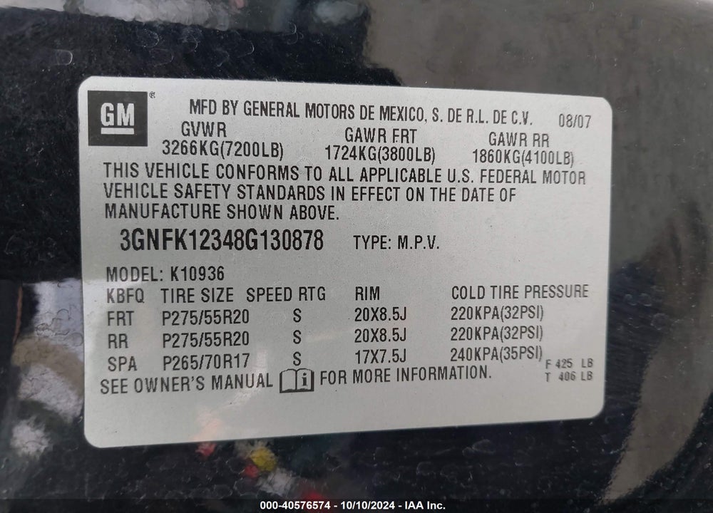 2008 CHEVROLET AVALANCHE 1500 LTZ VIN: 3GNFK12348G130878