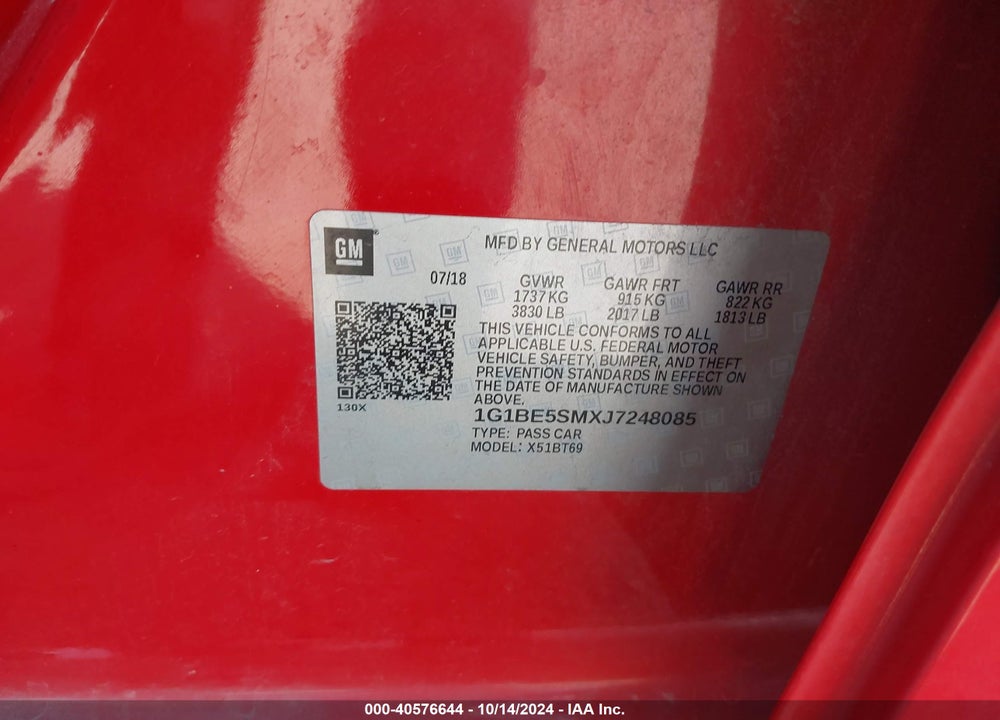 2018 CHEVROLET CRUZE LT AUTO VIN: 1G1BE5SMXJ7248085