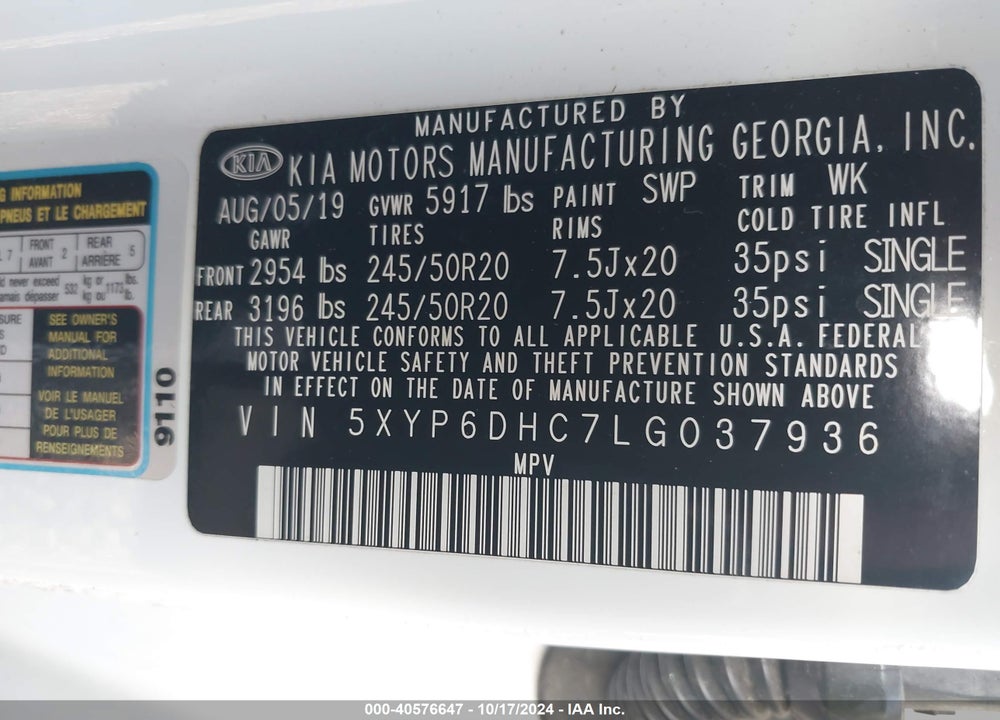 2020 KIA TELLURIDE S VIN: 5XYP6DHC7LG037936