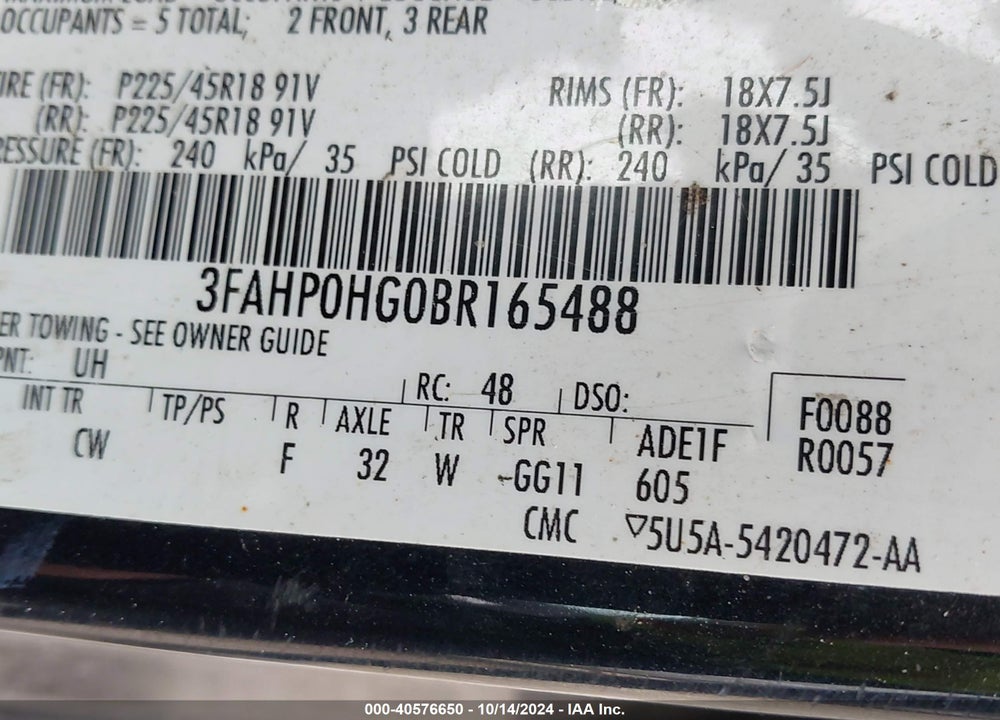2011 FORD FUSION SE VIN: 3FAHP0HG0BR165488