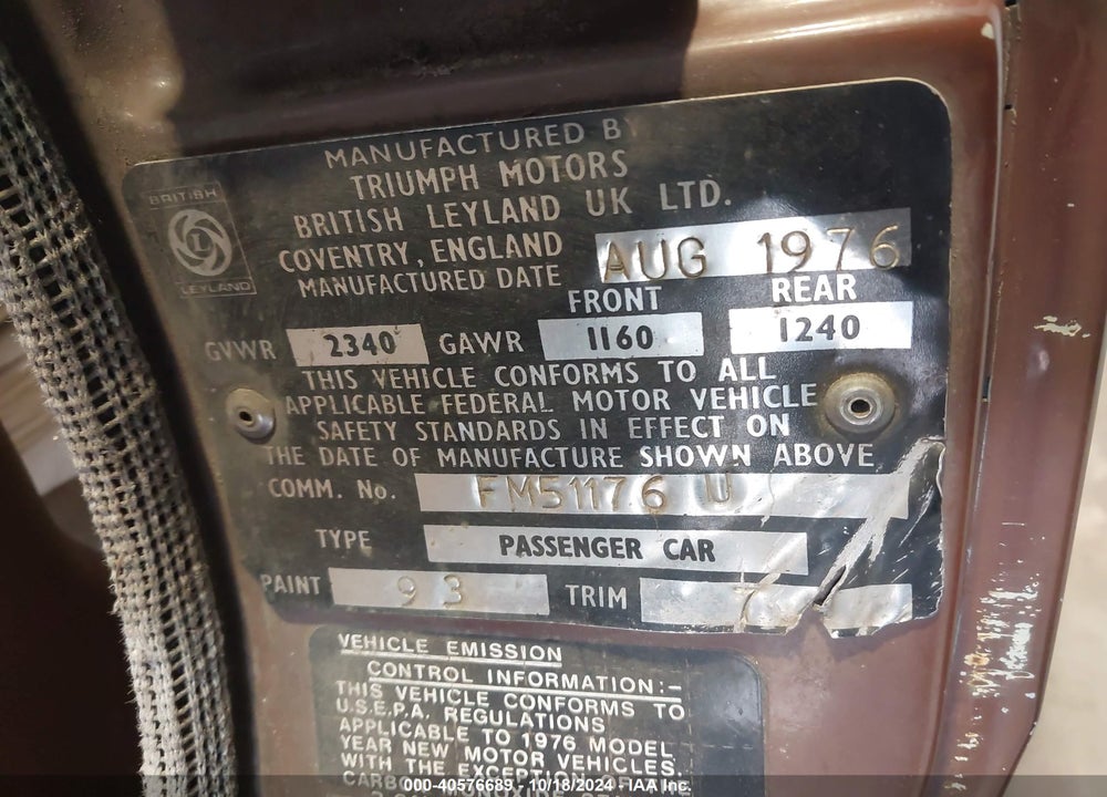 1976 TRIUMPH SPITFIRE VIN: FM51176U