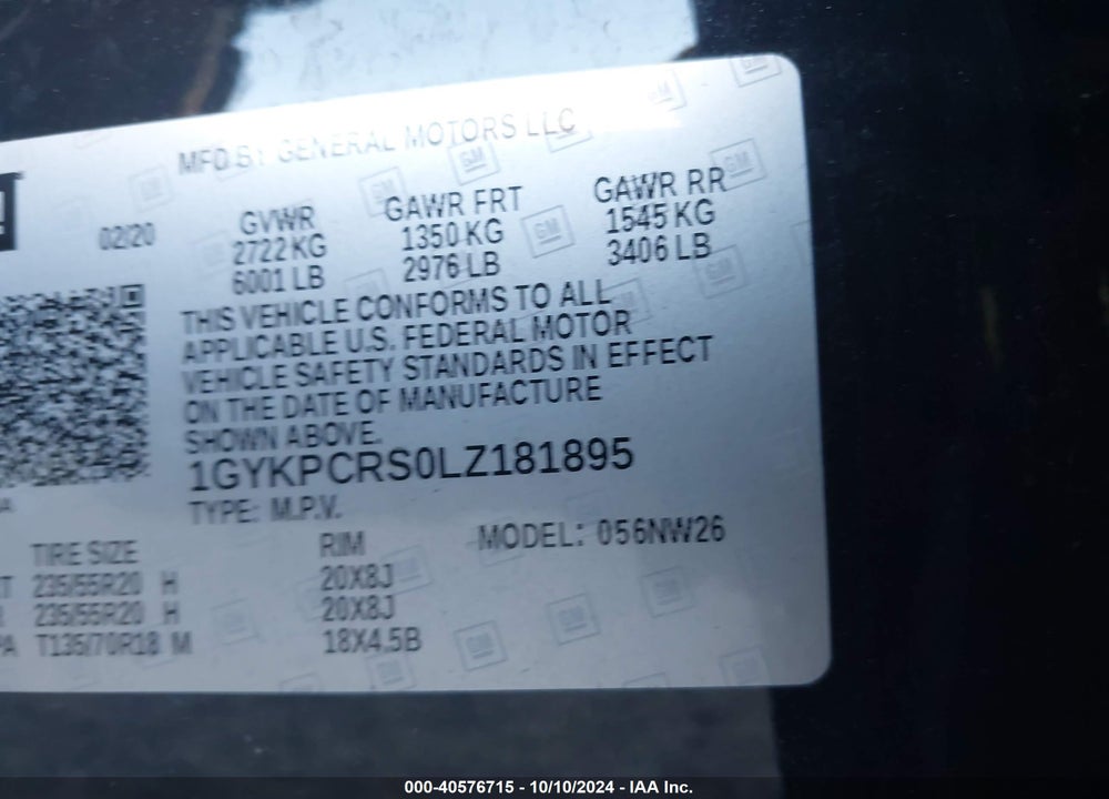 2020 CADILLAC XT6 FWD PREMIUM LUXURY VIN: 1GYKPCRS0LZ181895
