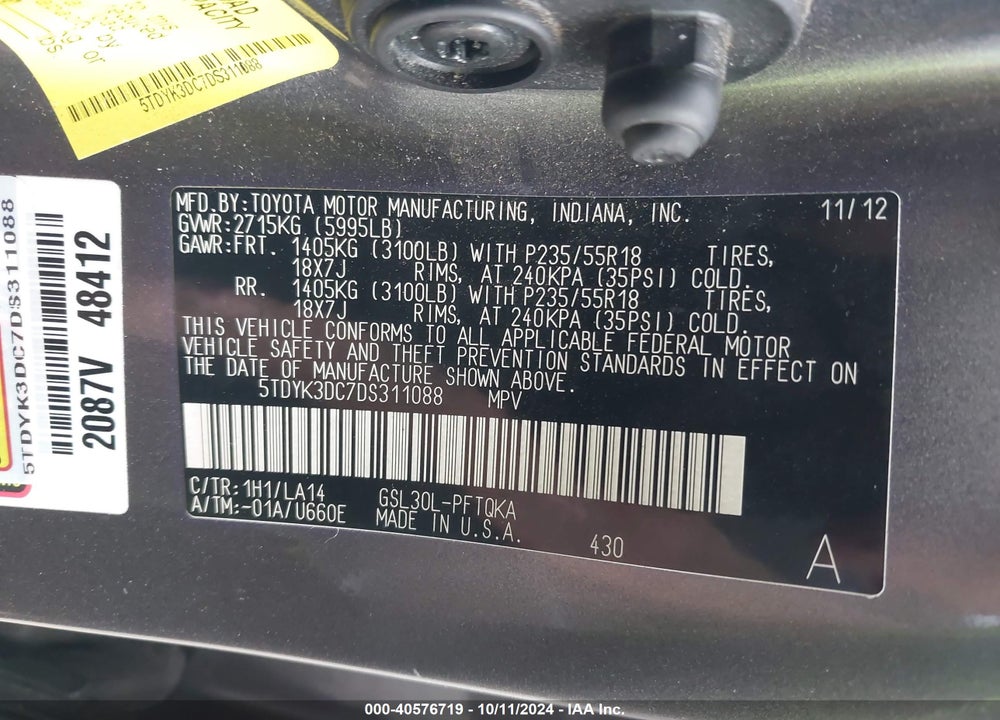 2013 TOYOTA SIENNA LIMITED V6 7 PASSENGER VIN: 5TDYK3DC7DS311088