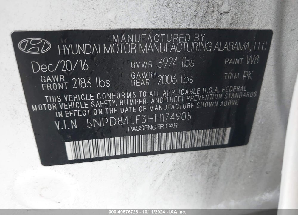 2017 HYUNDAI ELANTRA SE VIN: 5NPD84LF3HH174905