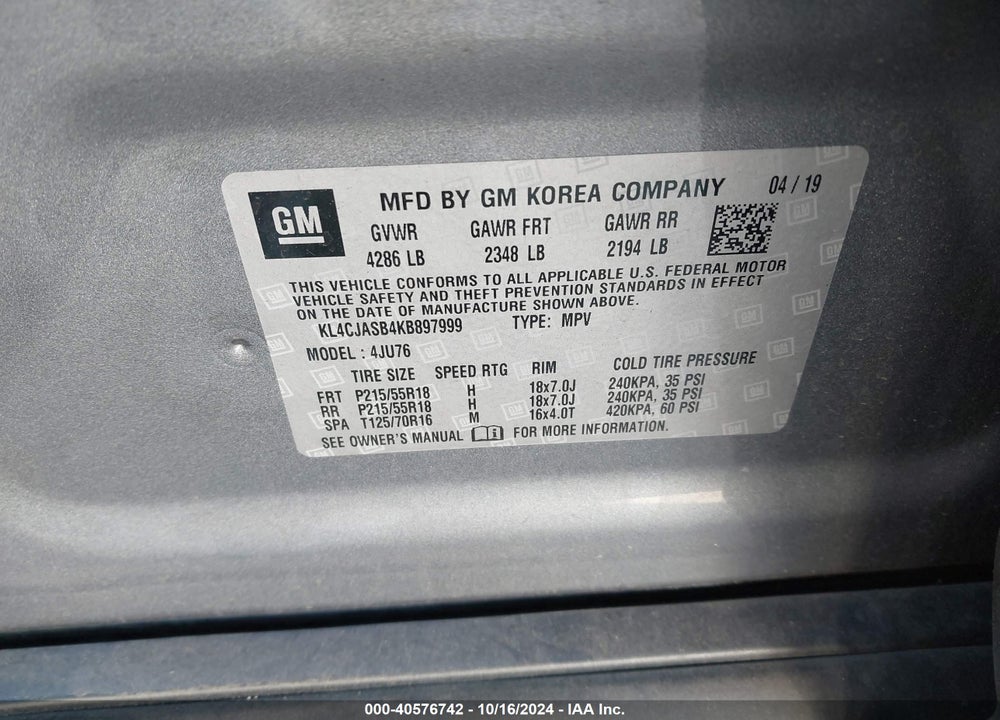 2019 BUICK ENCORE FWD PREFERRED VIN: KL4CJASB4KB897999