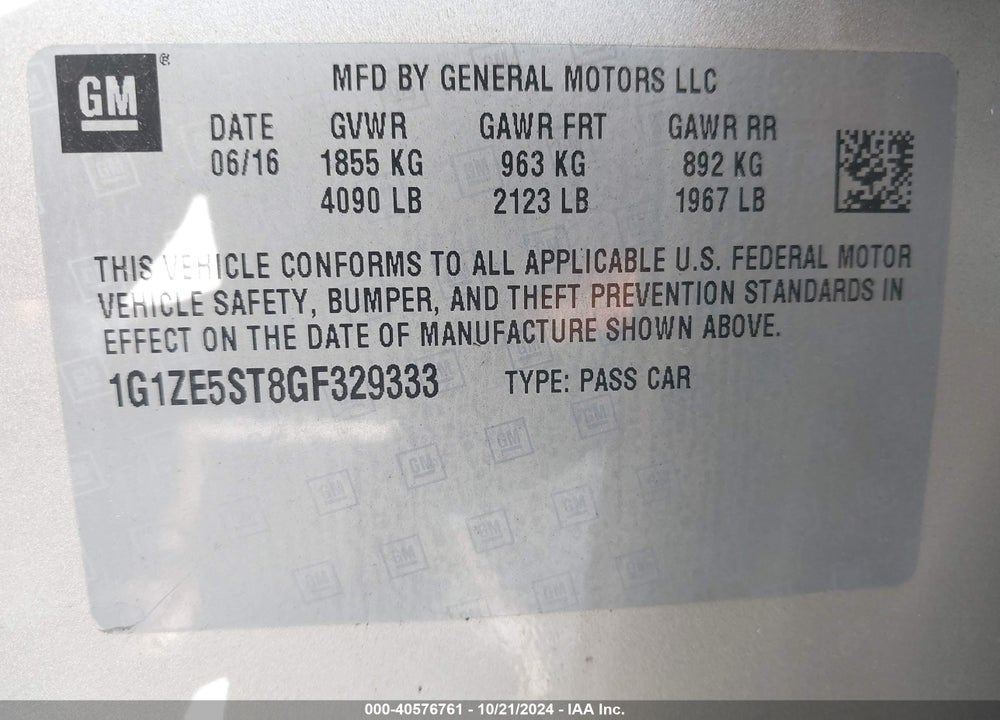 2016 CHEVROLET MALIBU VIN: 1G1ZE5ST8GF329333