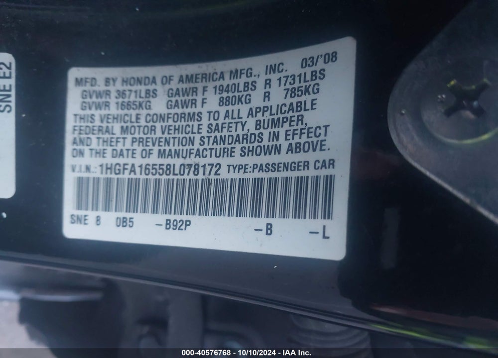 2008 HONDA CIVIC LX VIN: 1HGFA16558L078172
