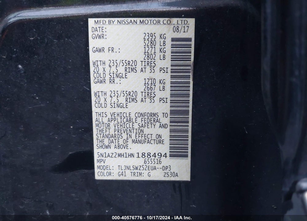 2017 NISSAN MURANO PLATINUM VIN: 5N1AZ2MH1HN188494