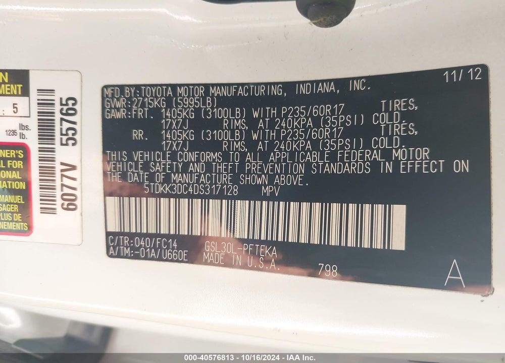 2013 TOYOTA SIENNA LE V6 7 PASSENGER AUTO ACCESS SEAT/LE V6 8 PASSENGER VIN: 5TDKK3DC4DS317128