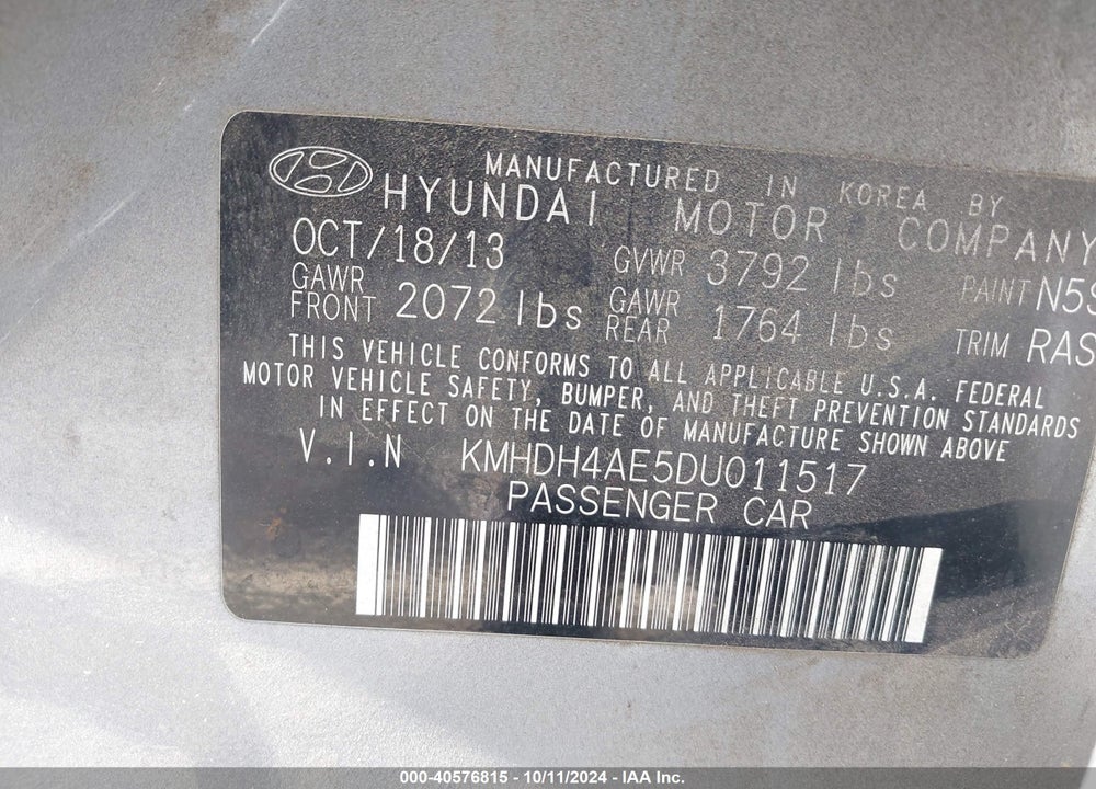 2013 HYUNDAI ELANTRA GLS VIN: KMHDH4AE5DU011517