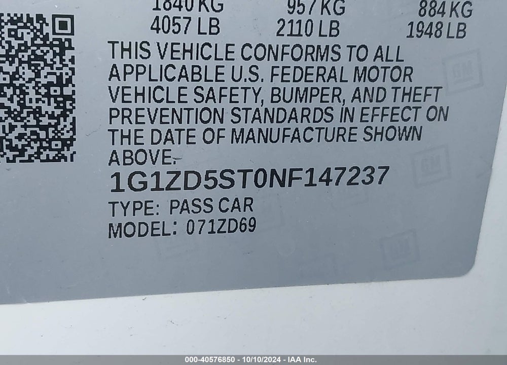 2022 CHEVROLET MALIBU FWD LT VIN: 1G1ZD5ST0NF147237
