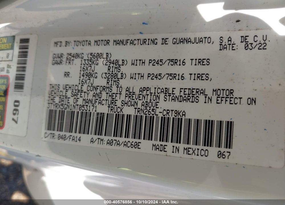 2022 TOYOTA TACOMA SR VIN: 3TYRX5GN1NT053171