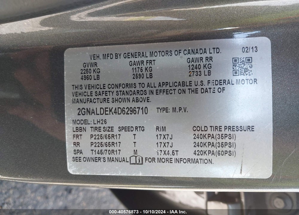 2013 CHEVROLET EQUINOX 1LT VIN: 2GNALDEK4D6296710