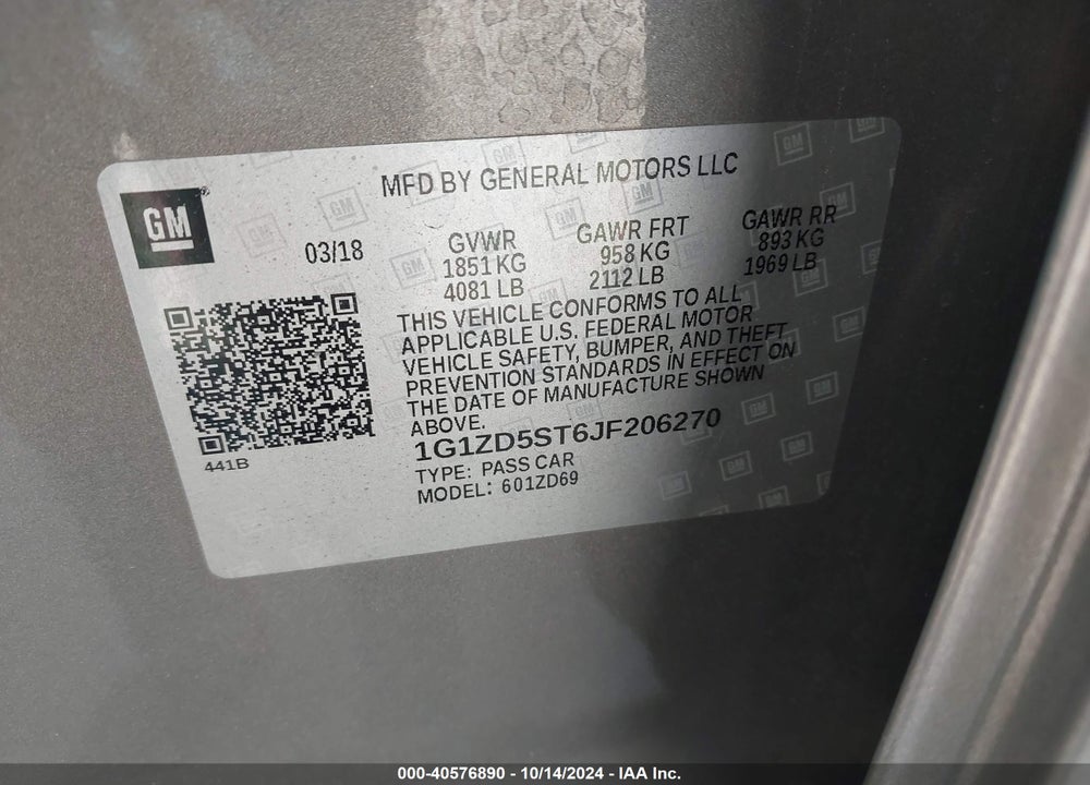 2018 CHEVROLET MALIBU LT VIN: 1G1ZD5ST6JF206270